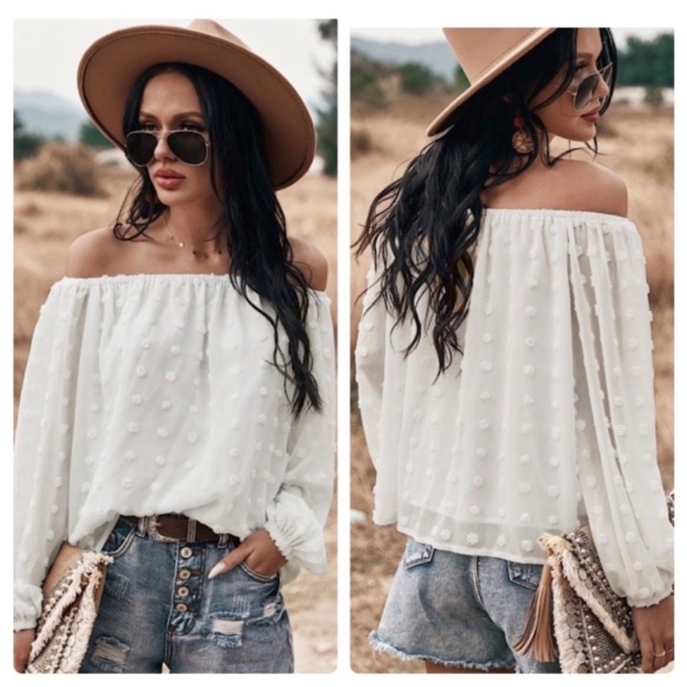 HOST PICK!! NEW White Swiss Dot Long Sleeve Off the Shoulder Flowy Top